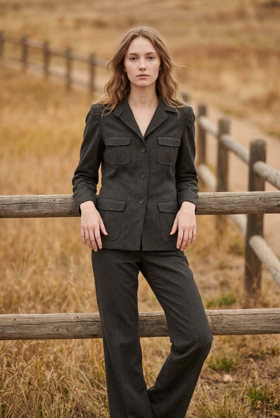 New Frontier Vintage Women's Gray Safari Style Pant Suit Jacket Pants Size 6